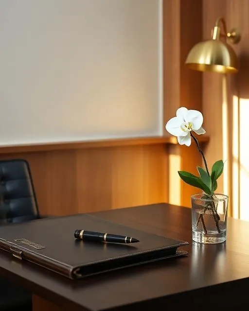 Dark wood desk with a closed leather portfolio and a fountain pen, a brass lamp and a single white orchid in a glass
